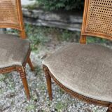 2 cane and velvet armchairs