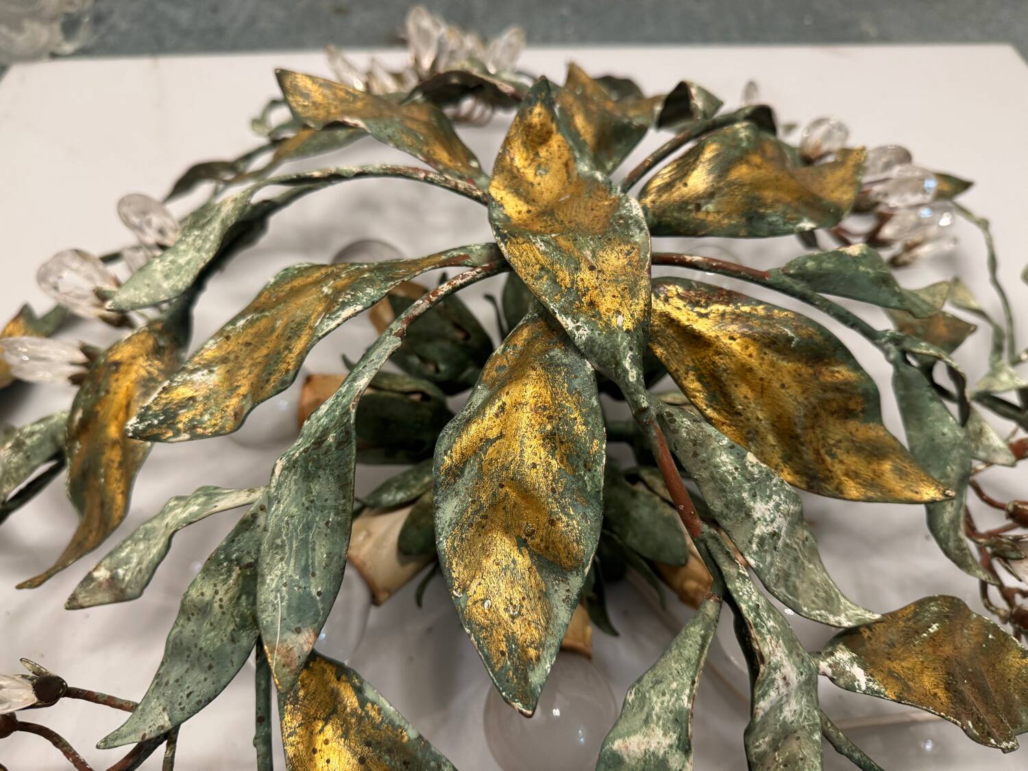 Large Florentine Tole Crystal Flushmount 1960’s