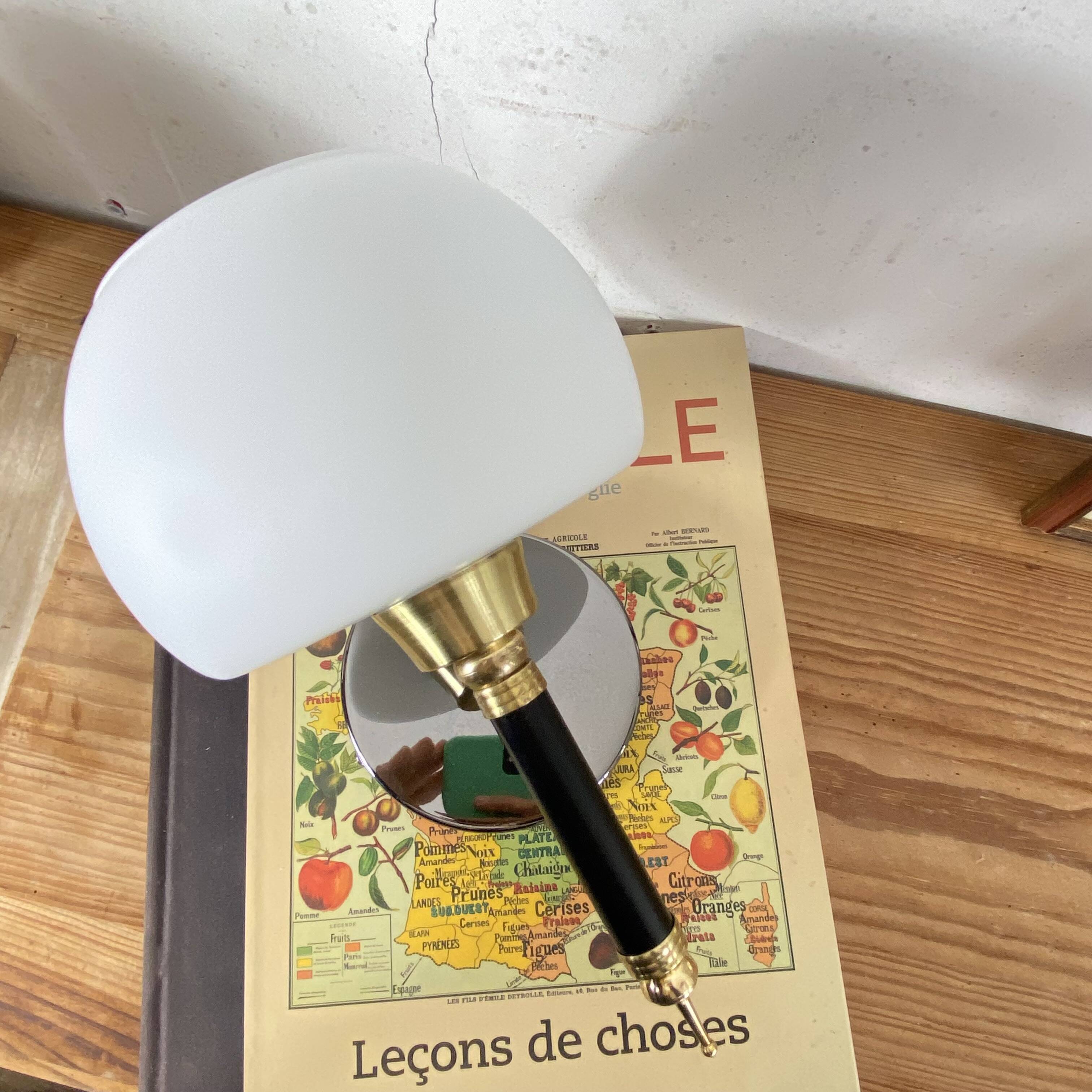 Pair of wall sconces with brass torch and white glass globe.