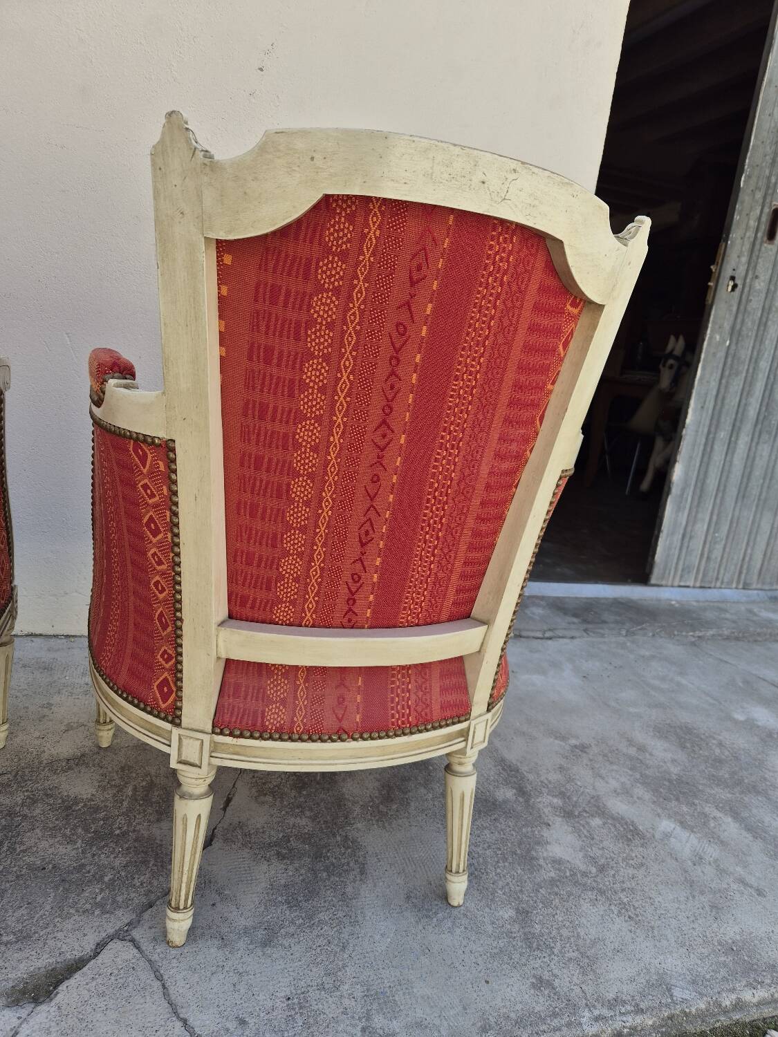 Pair of Louis XVI style bergère armchairs, antique.