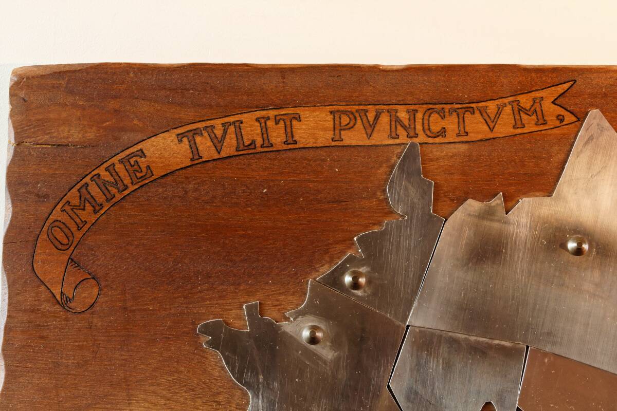 Wooden and stainless steel world map, folk art, 1974