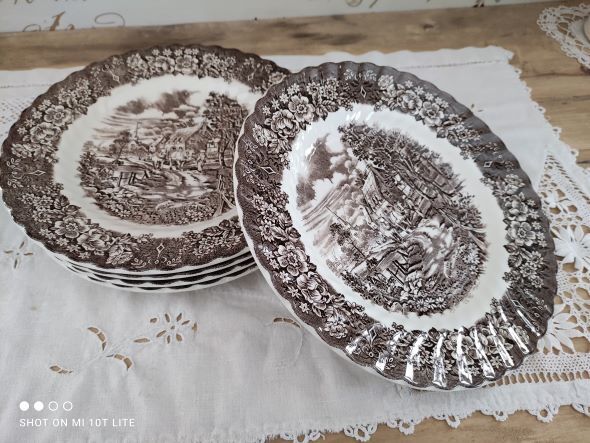 Set of 5 flat plates in English Iron Earth country decoration brown marli floral