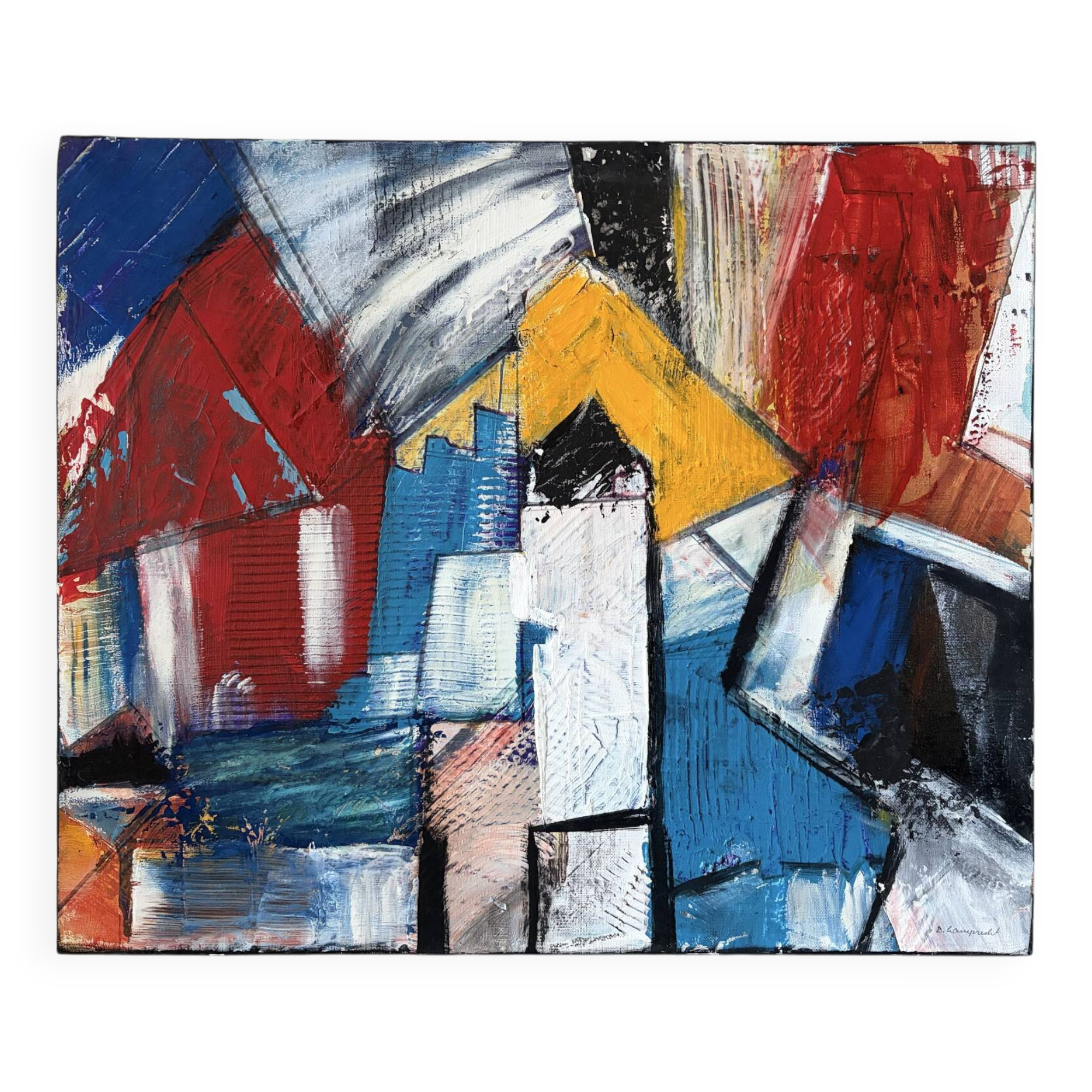 Abstract cubist houses, oil on canvas signed