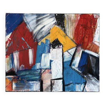 Abstract cubist houses, oil on canvas signed