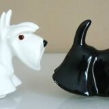 Salt and pepper shakers, glazed ceramic, Scottish terrier dog, signed