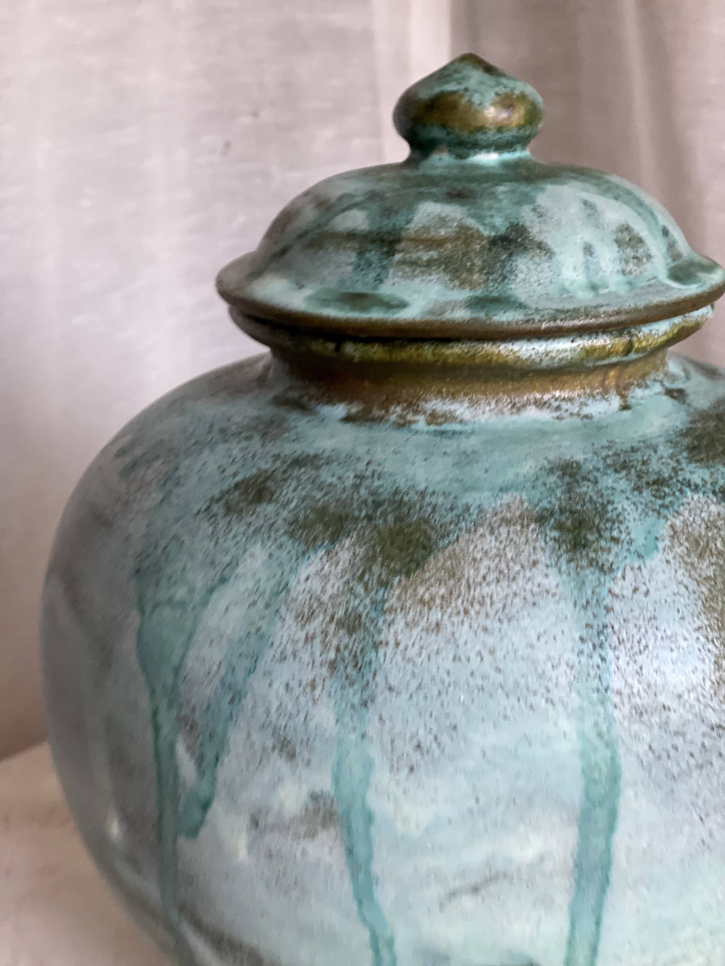 Vintage 1970s blue enameled stoneware ball pot with lid, signed Vallauris style