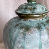 Pot boule à couvercle grés émaillé bleu vintage 1970 signé style Vallauris