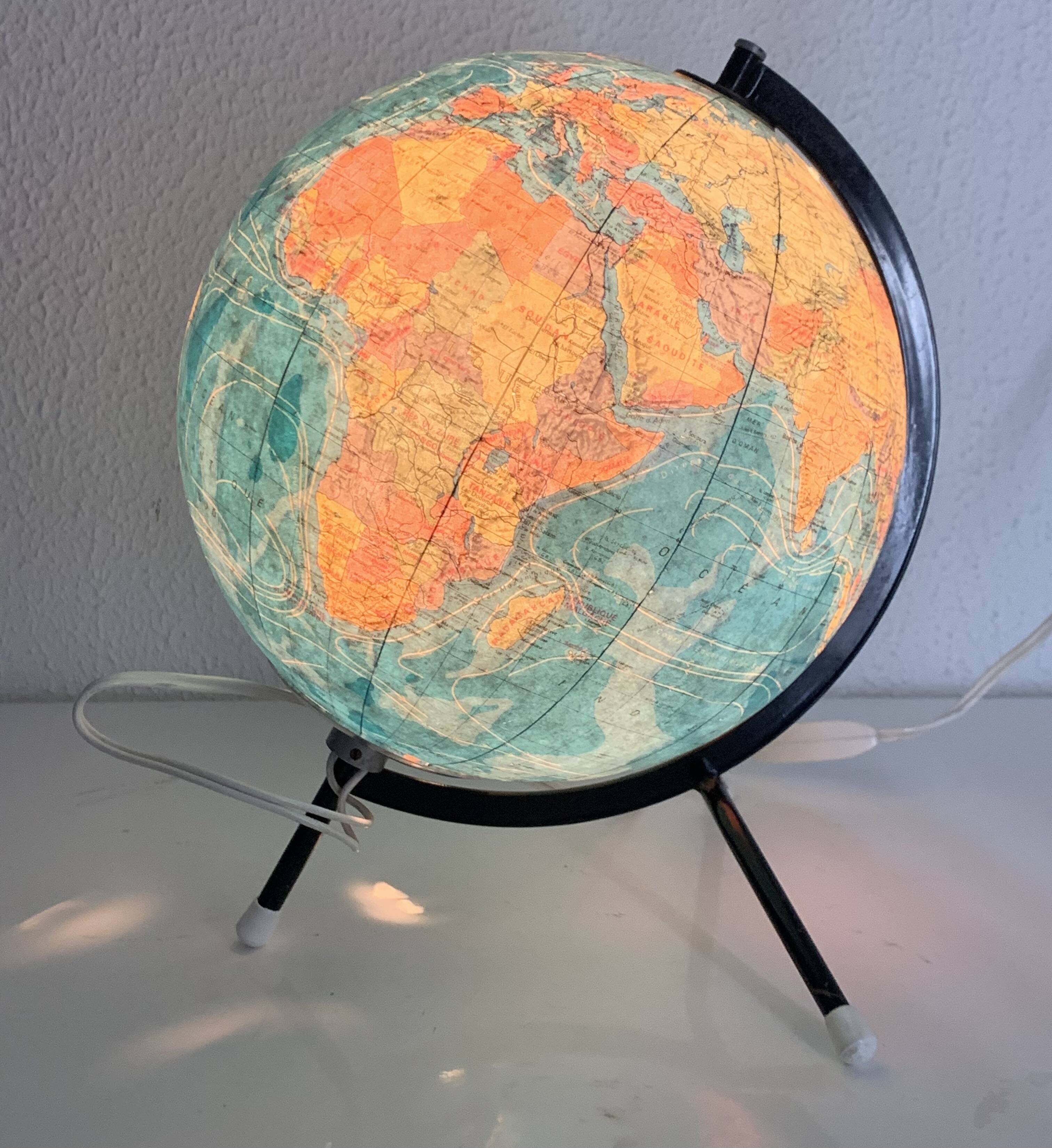 Vintage 1975 globe, tripod glass, Taride world map - 28 cm