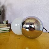 Lamp molecule, two balls, globe in opaline and stainless steel, 1970
