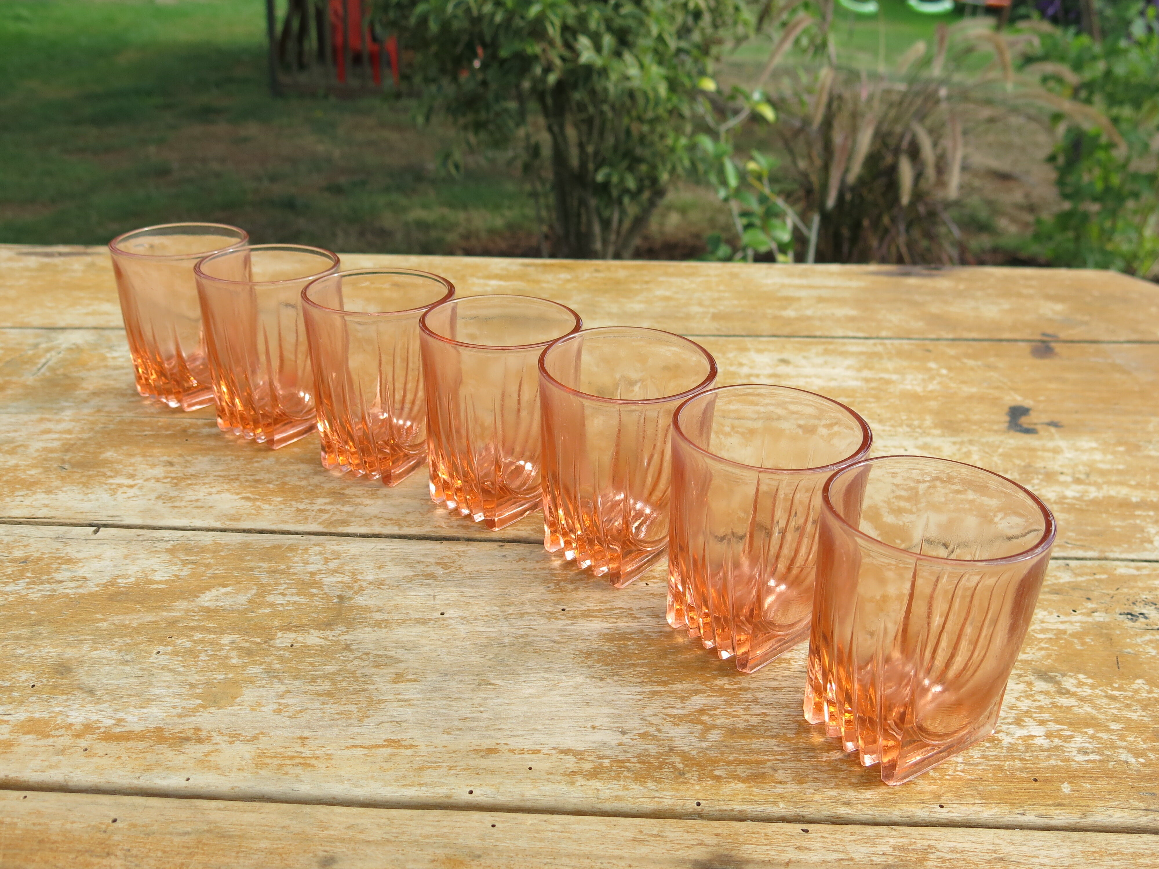 7 vintage pink water glasses