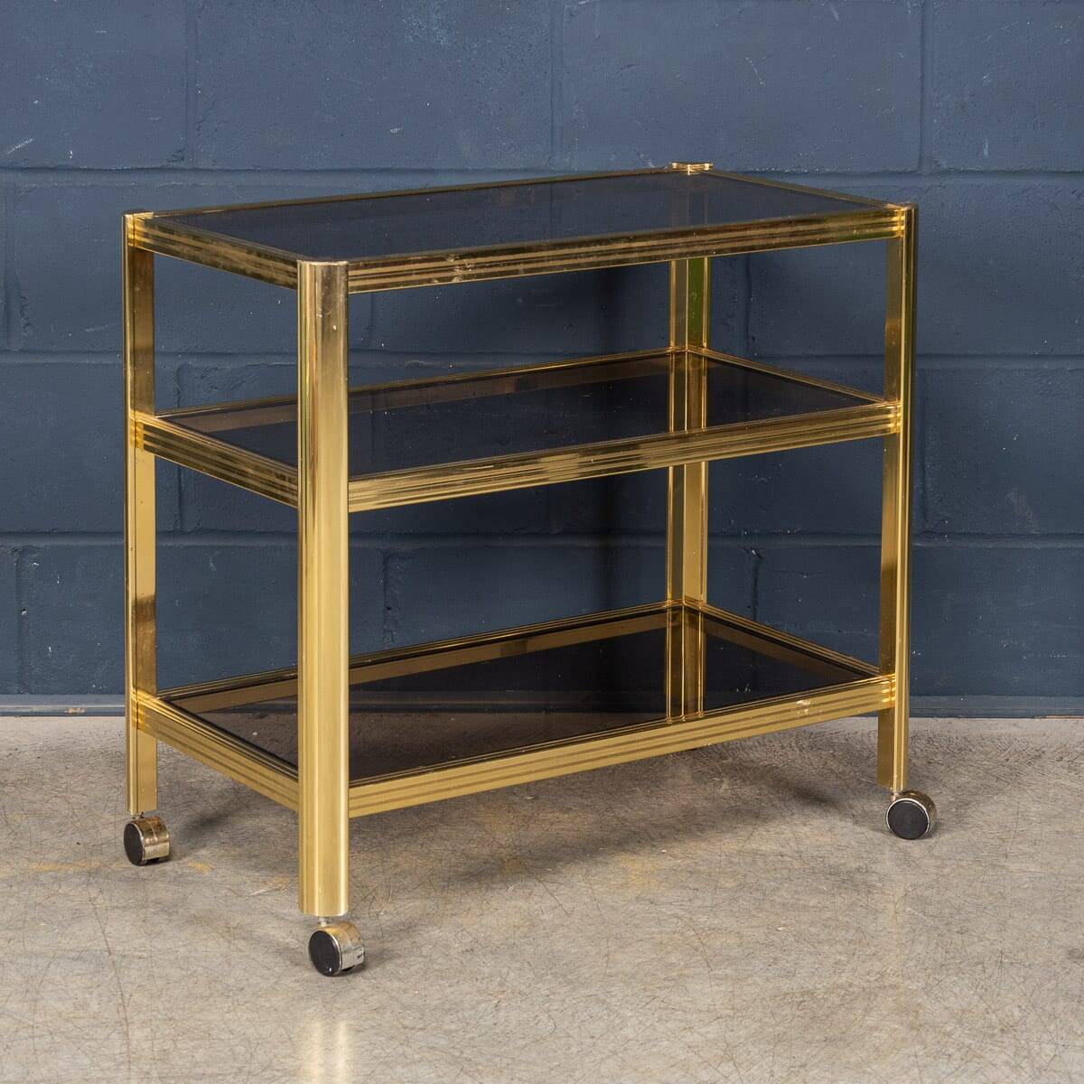 20thC BRASS & SMOKED GLASS DRINKS TROLLEY ATTRIBUTED TO MAISON JANSEN c1970
