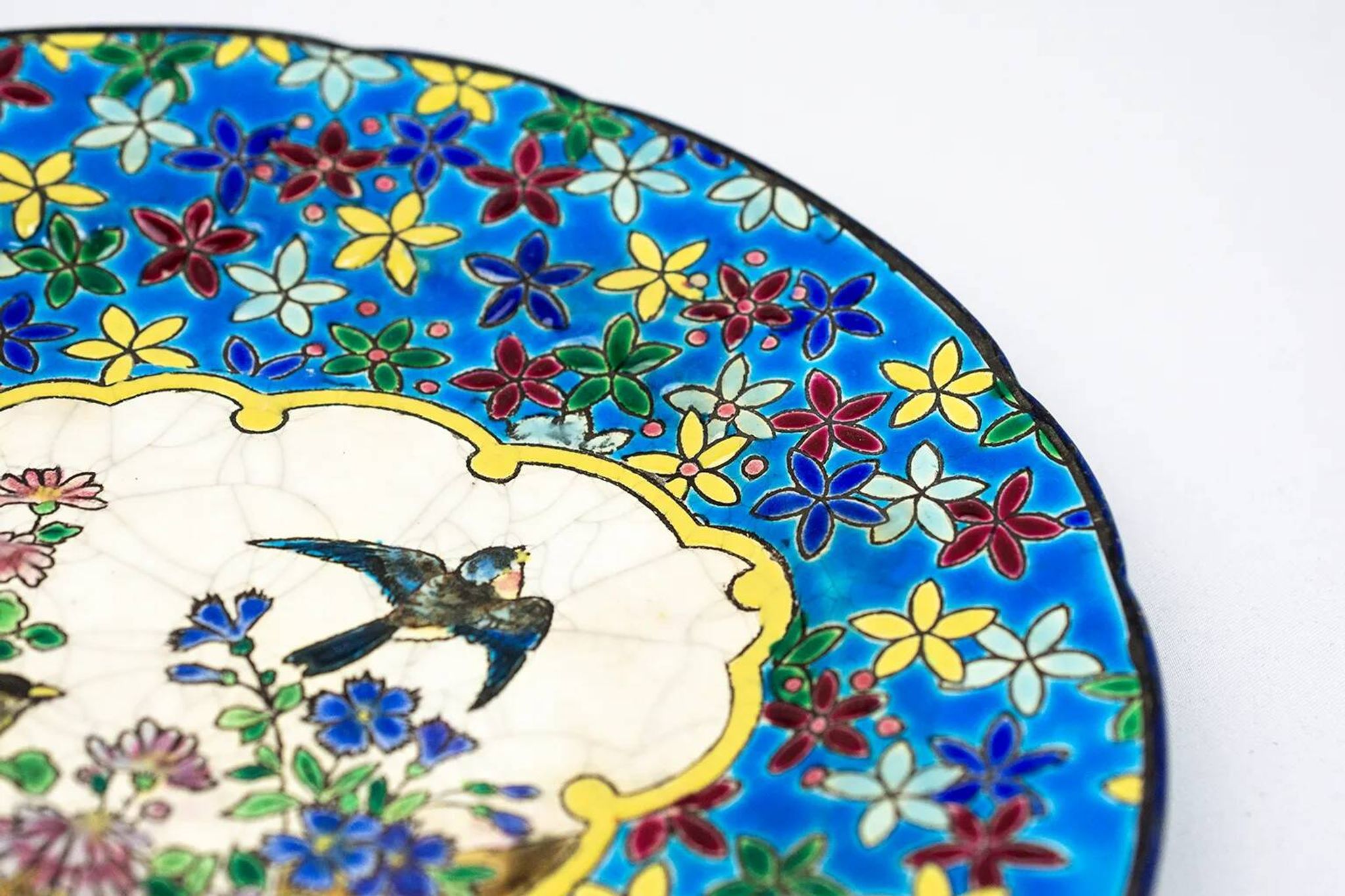 Longwy plate, early 20th century – Cloisonné enamels decorated with birds and flowers