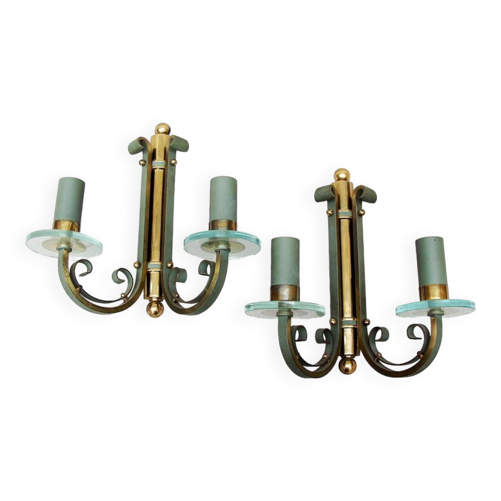 Pair of art deco lacquered metal, brass and glass wall lights