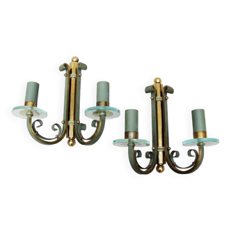 Pair of art deco lacquered metal, brass and glass wall lights
