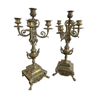 Antique, candelabra, pair, gilded bronze, chiseled, 5 lights, lion's feet, rosette, late nineteenth century