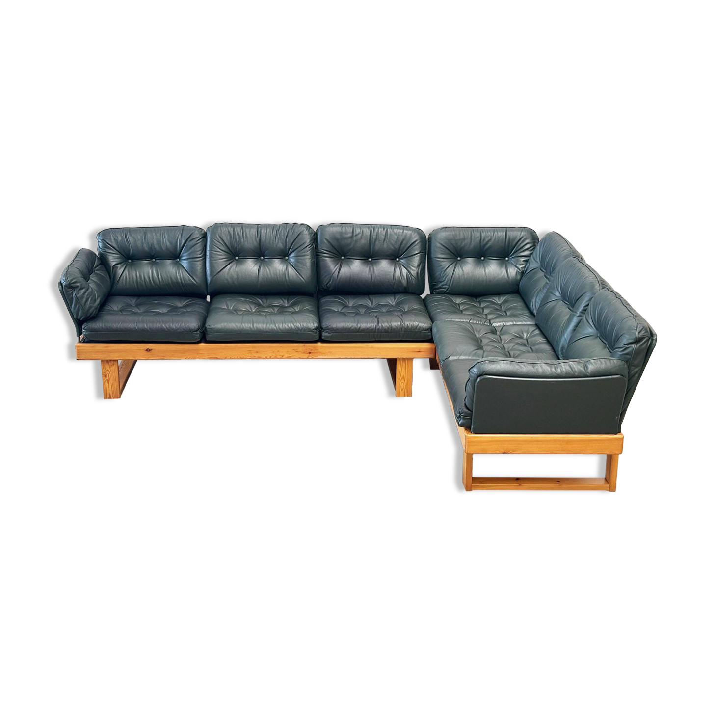 Canapé d'angle modulable en pin et cuir vert, Allemagne années 1970