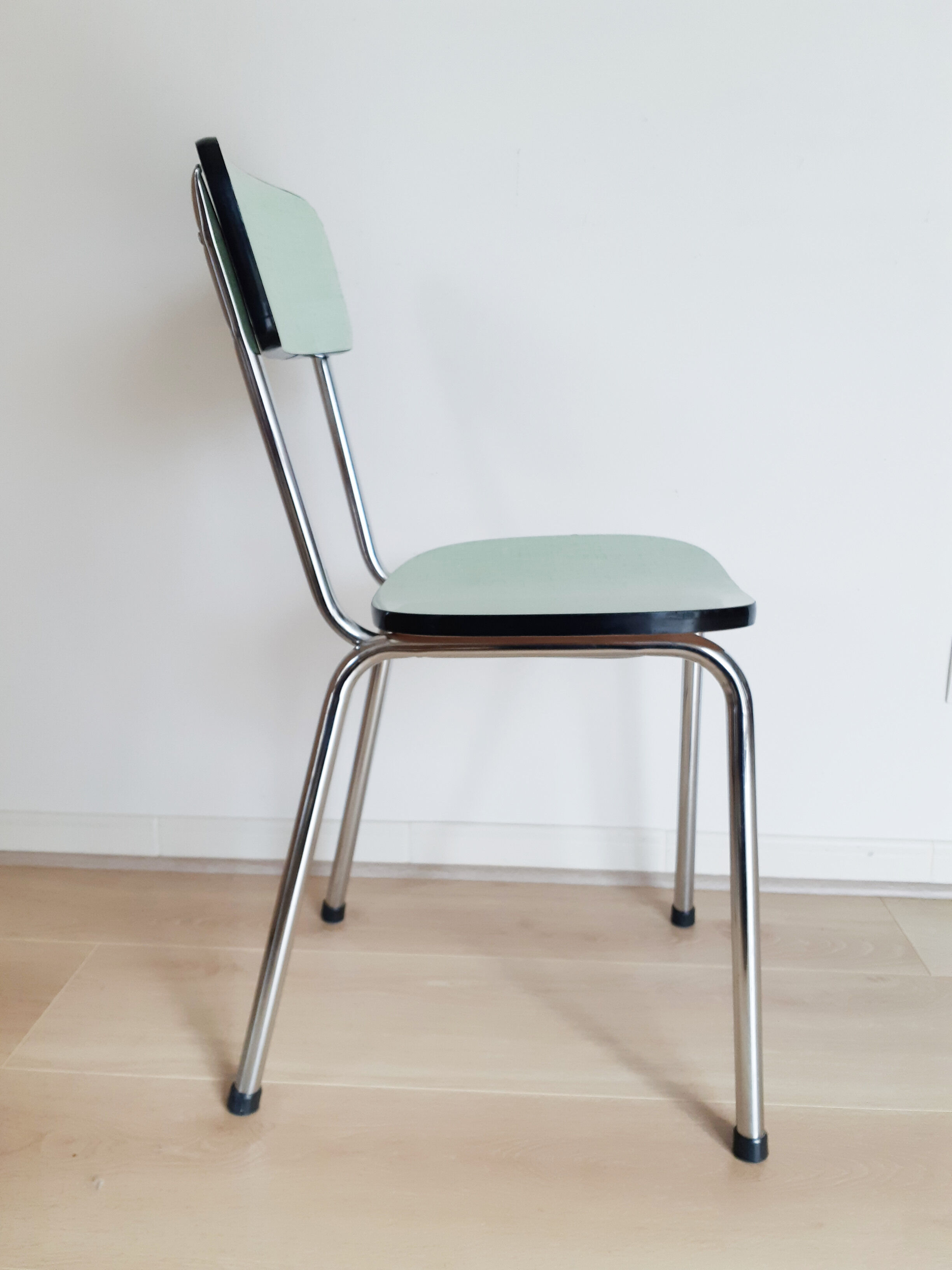 Vintage kitchen chair in green formica and stainless steel, 50s, antique French