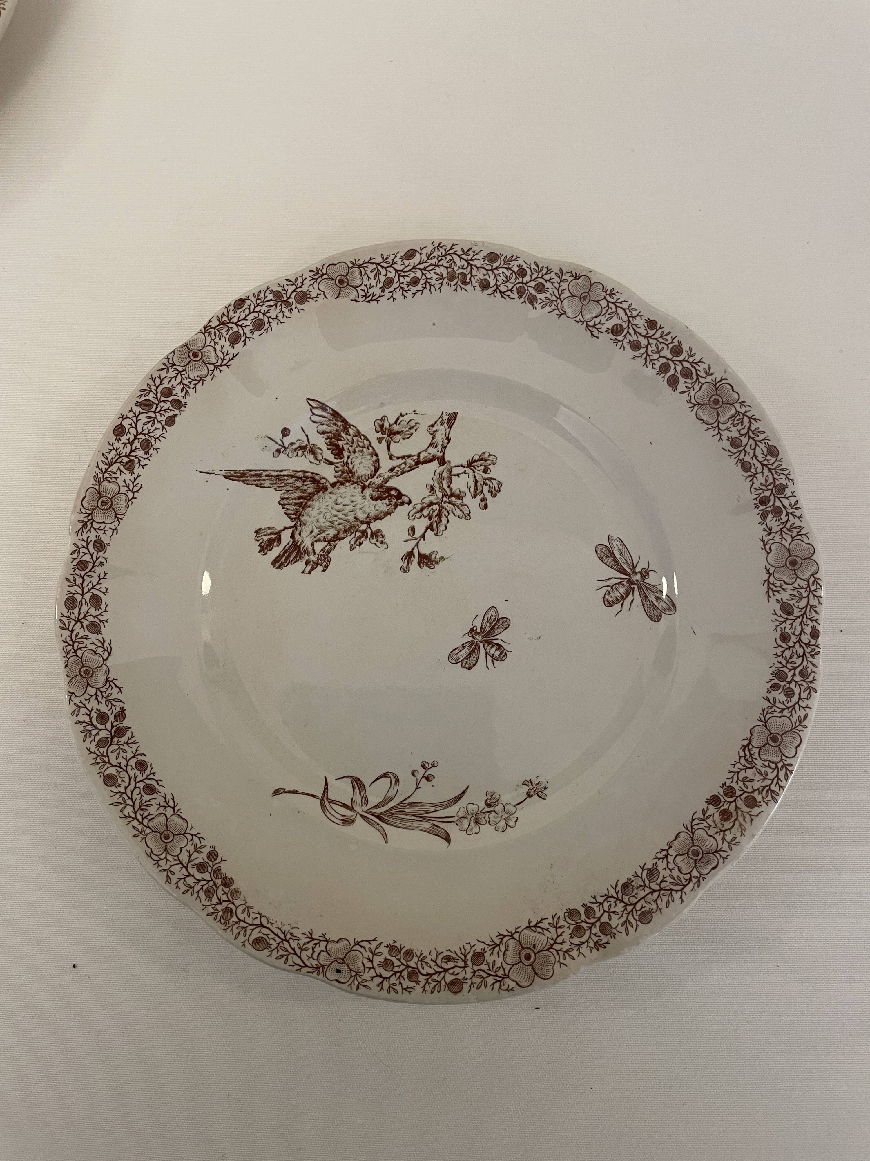 5 Assiettes faïence de Pexonne 19 ème siècle -Décor oiseaux insectes fleurs
