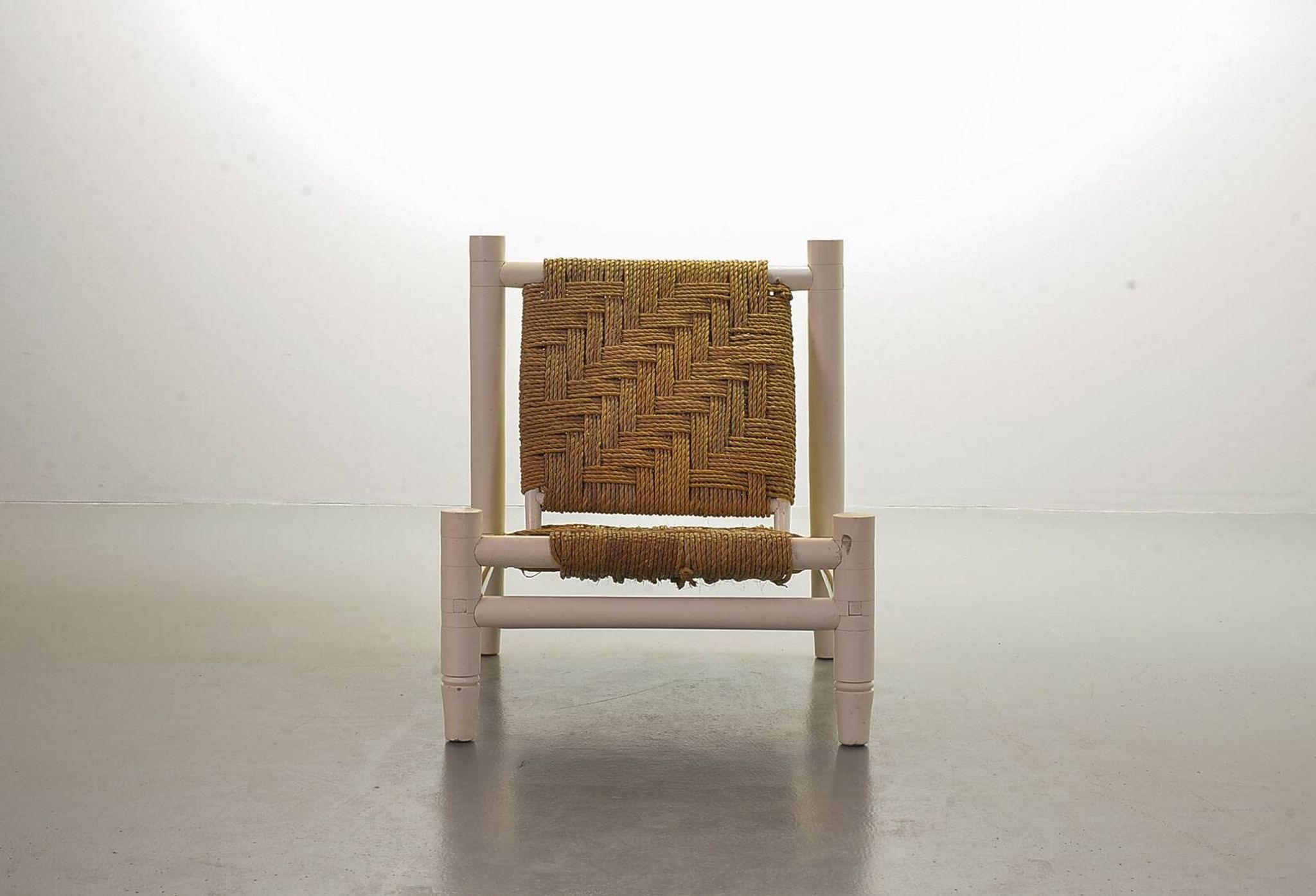 Charlotte Perriand Style Low Seat White Wicker Oak Lounge Chair and Stool