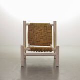 Charlotte Perriand Style Low Seat White Wicker Oak Lounge Chair and Stool