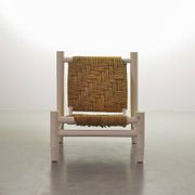 Charlotte Perriand Style Low Seat White Wicker Oak Lounge Chair and Stool