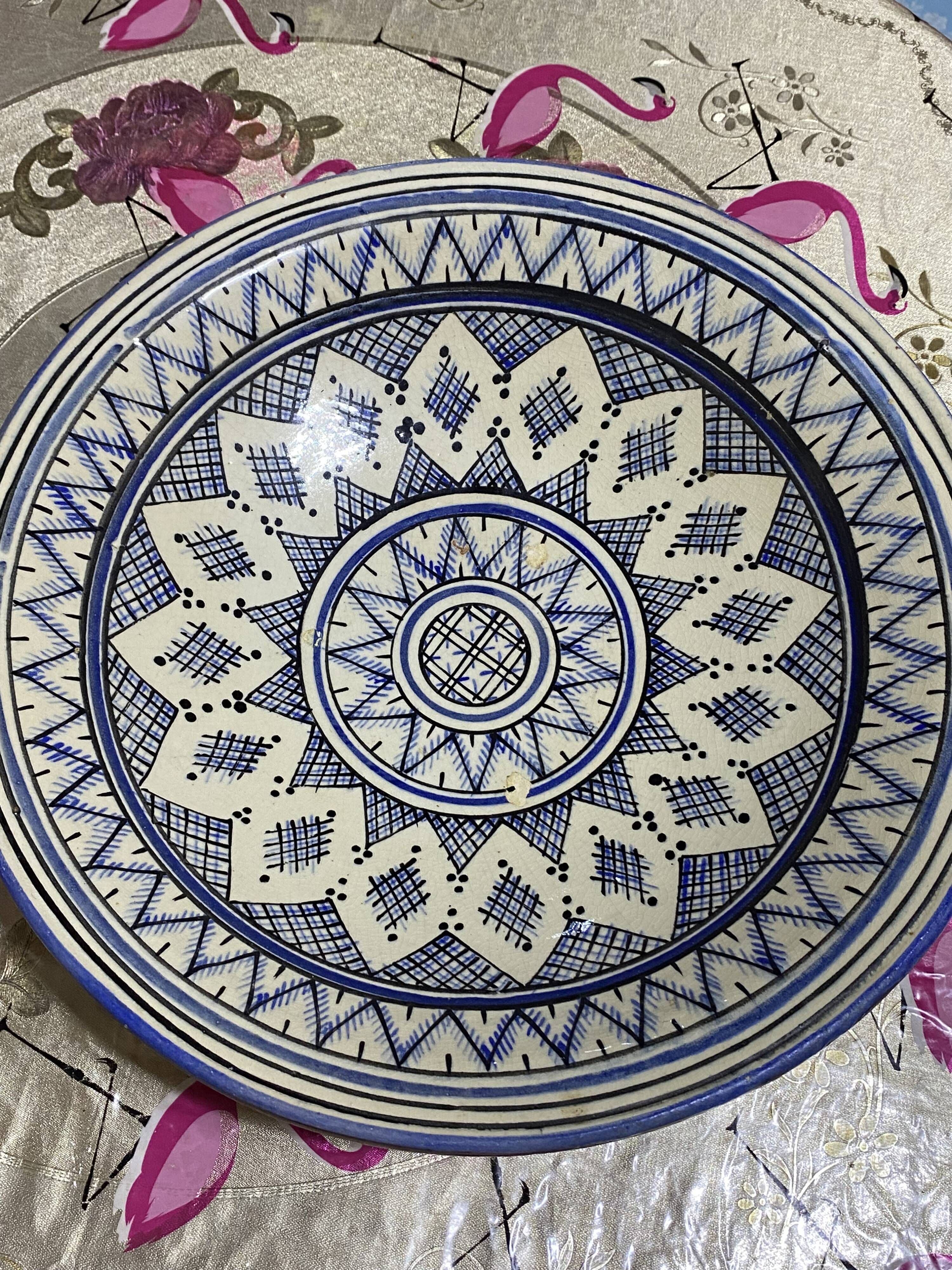 Moroccan dish in handcrafted sculpted ceramic, blue geometric patterns and