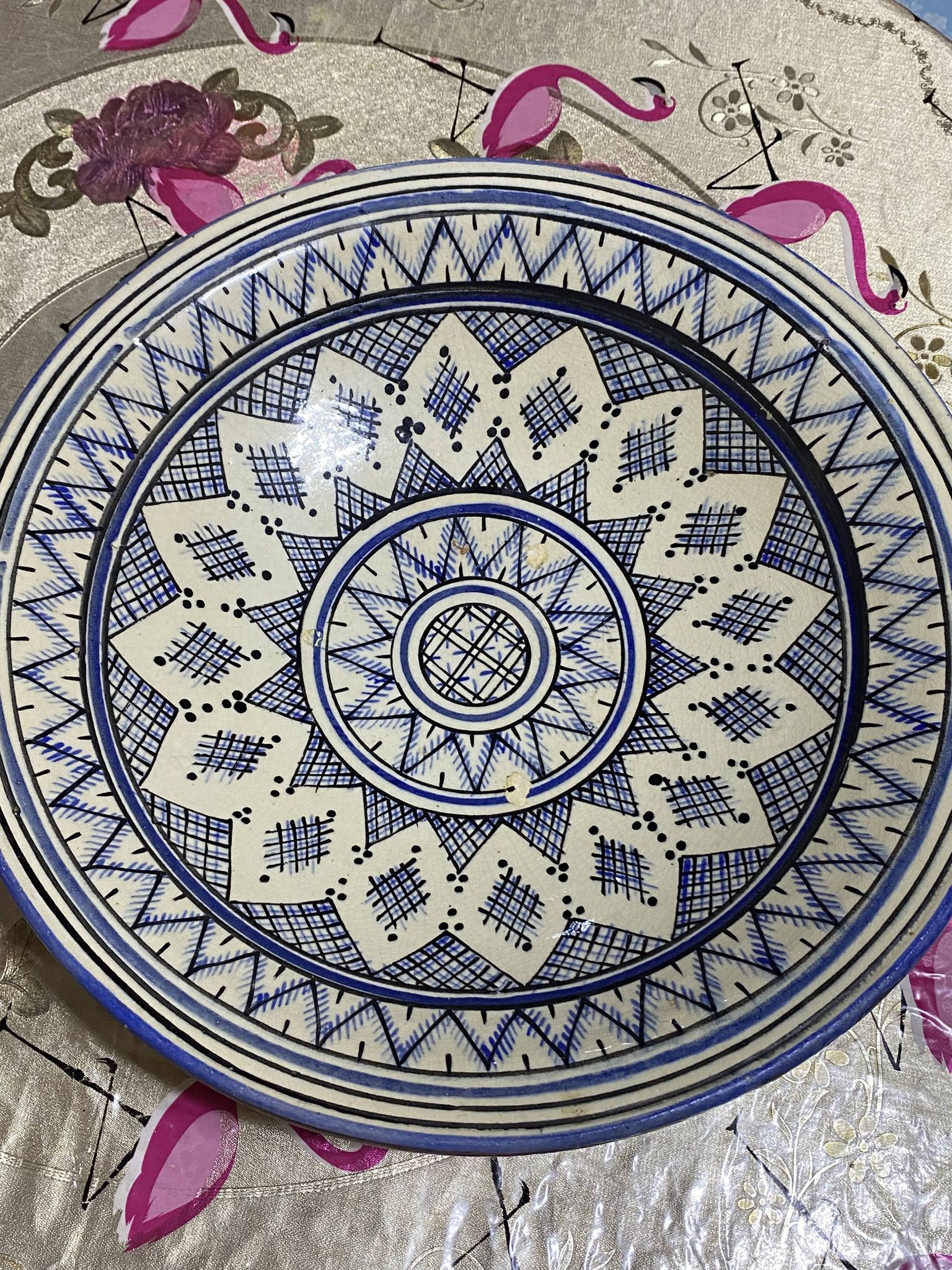 Moroccan dish in handcrafted sculpted ceramic, blue geometric patterns and