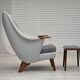 Fauteuil danois à dossier haut avec tabouret, années 1970, laine, bois de teck.