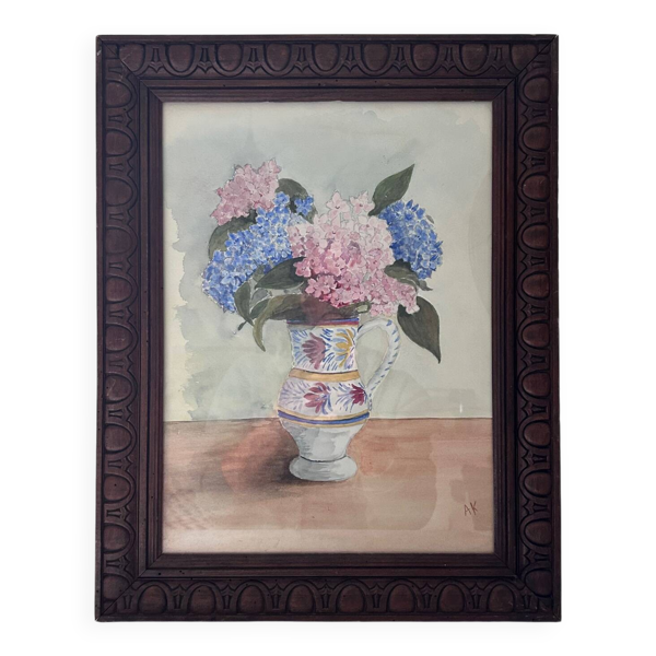 Aquarelle Hortensias dans pichet Quimper