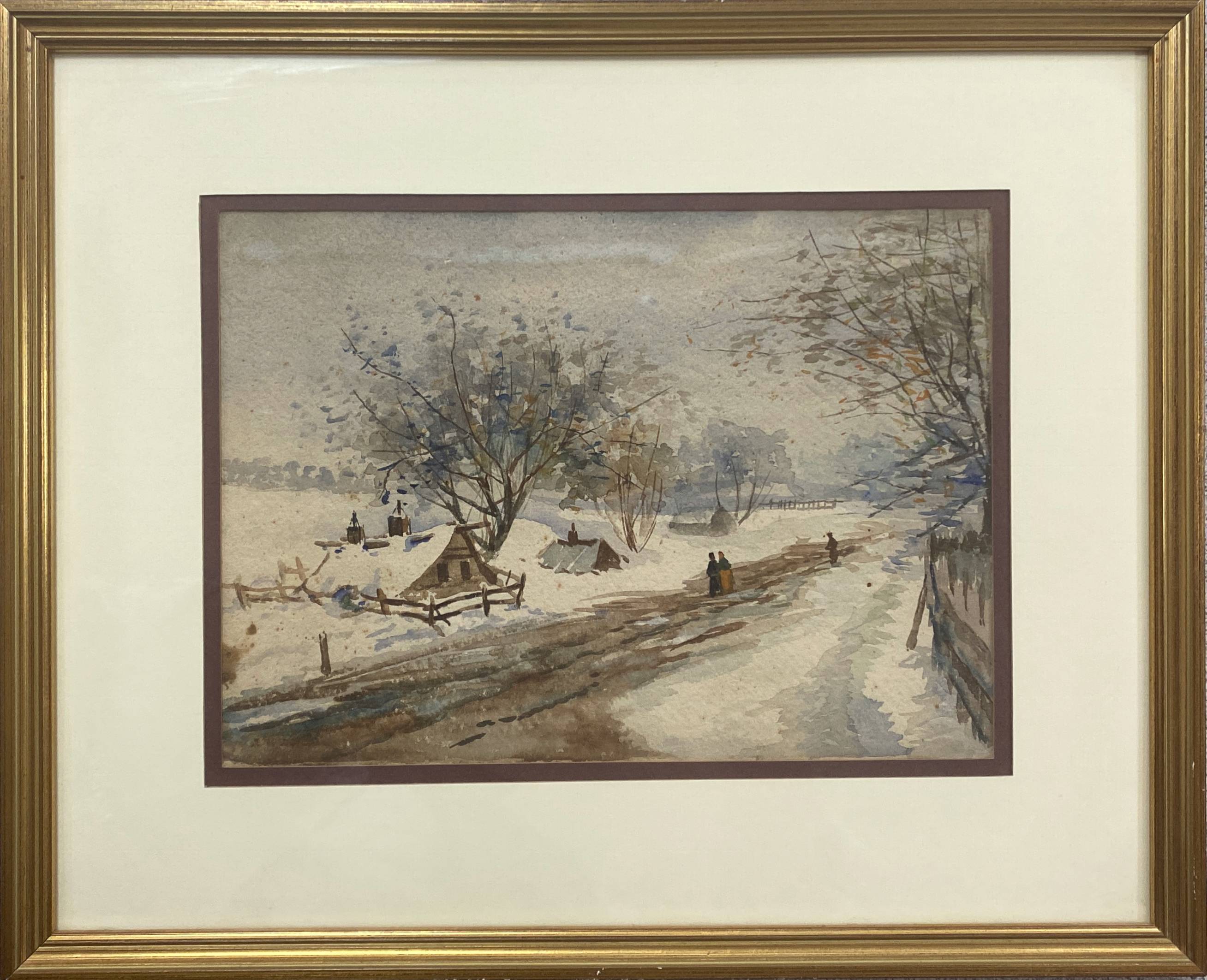 Old watercolor painting "Snow landscape" + frame