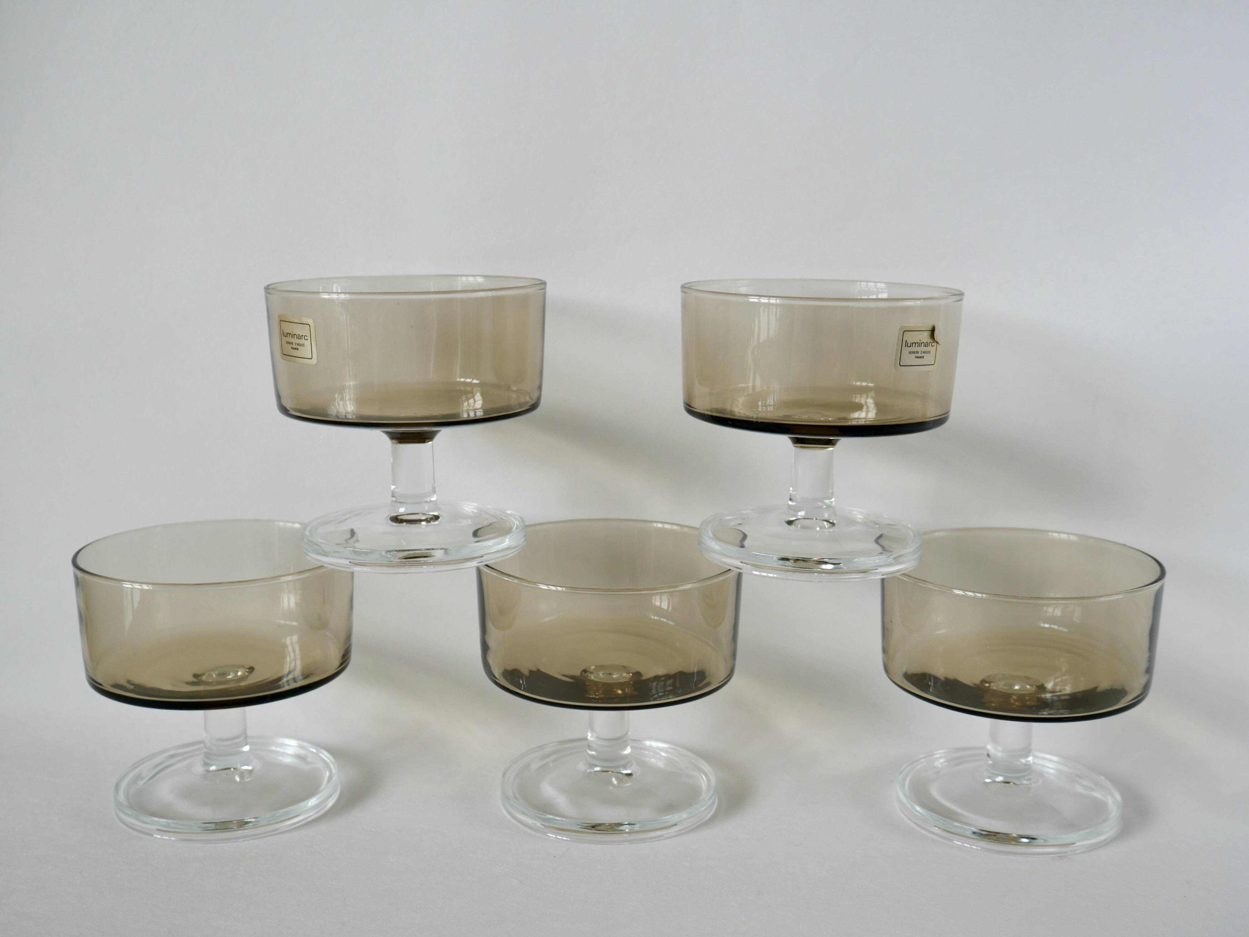 Set of 5 70s Luminarc smoked glass champagne glasses