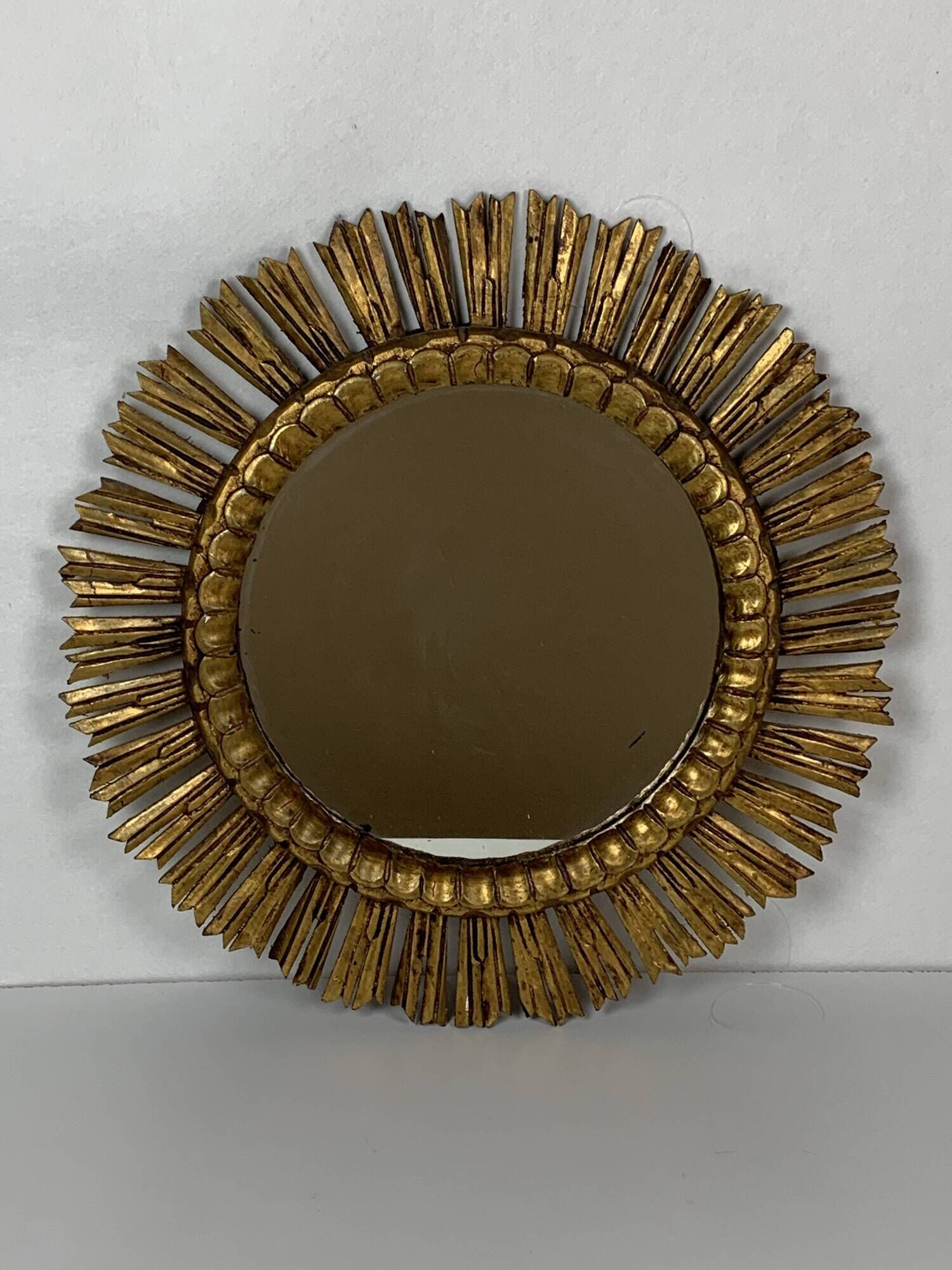 Large midcentury Spanish gold gilt wood sun or sunburst mirror, 1950s