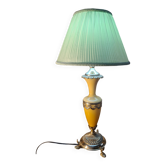 honey opaline lamp with gilding, pleated satin shade 50x25, electrical in good condition, very good