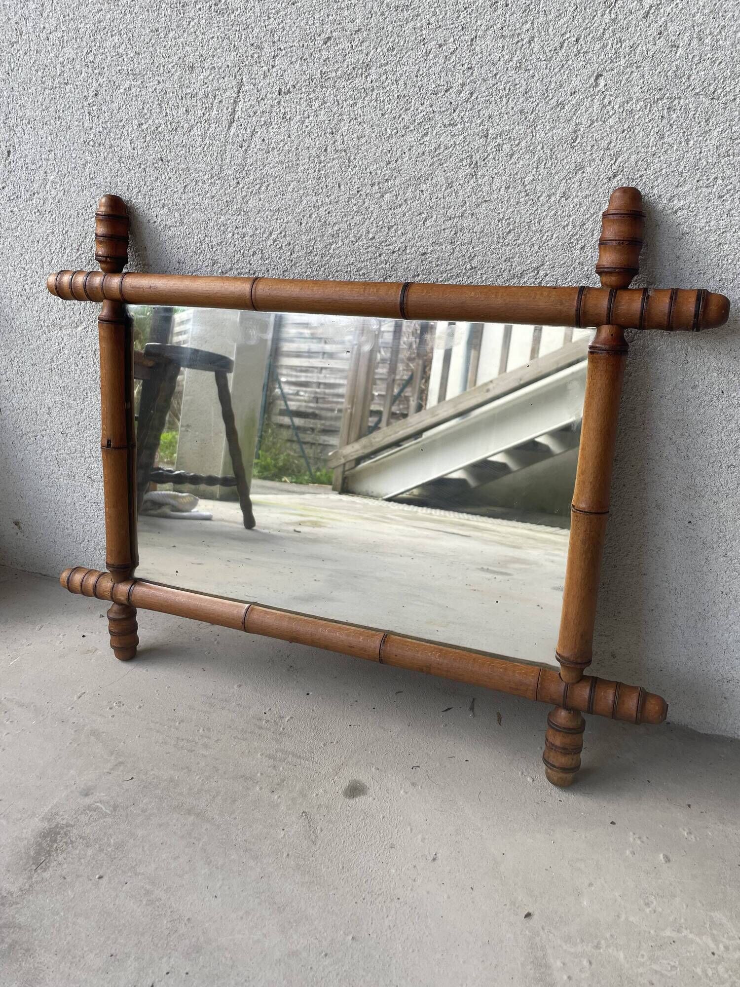 miroir ancien en bois tourné imitation bambou 1940