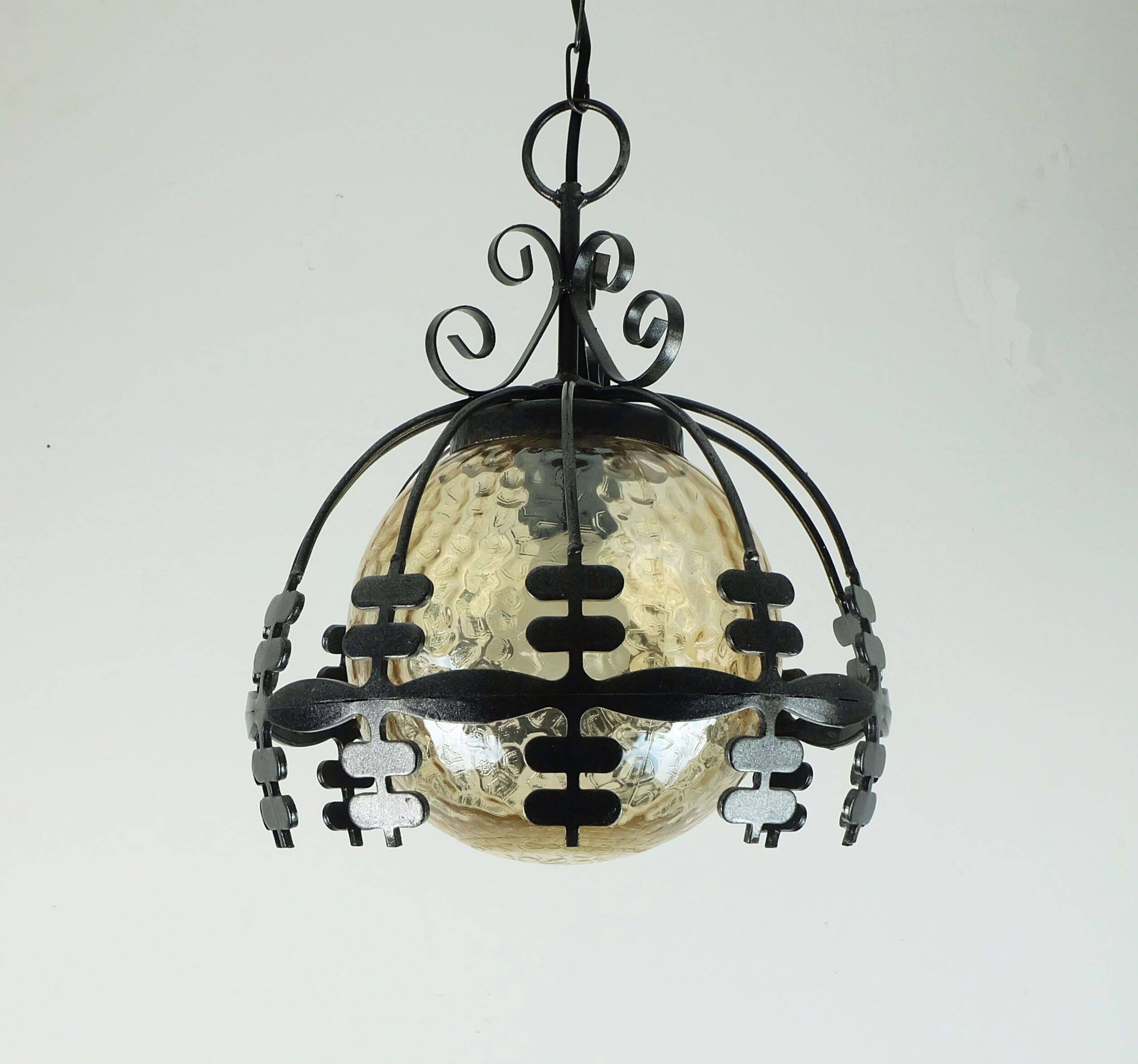 1970s Amber Glass Pendant Light with Iron Frame - 2 Available