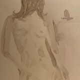 Tableau signé, aquarelle monochrome portait féminin « devant le chevalet »