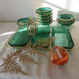 Golden vintage aperitif tray with green ramekins Arcoroc-France