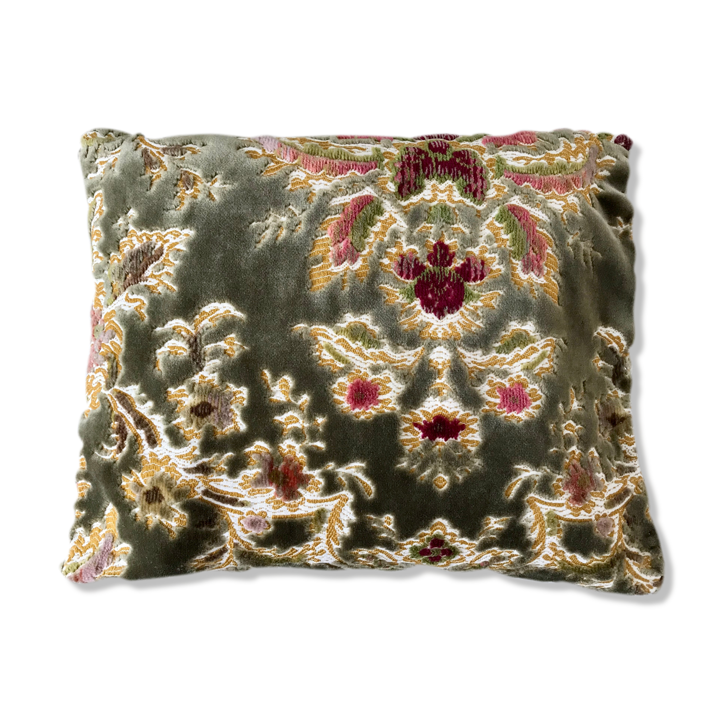 Coussin en velour ras vert sauge années 70
