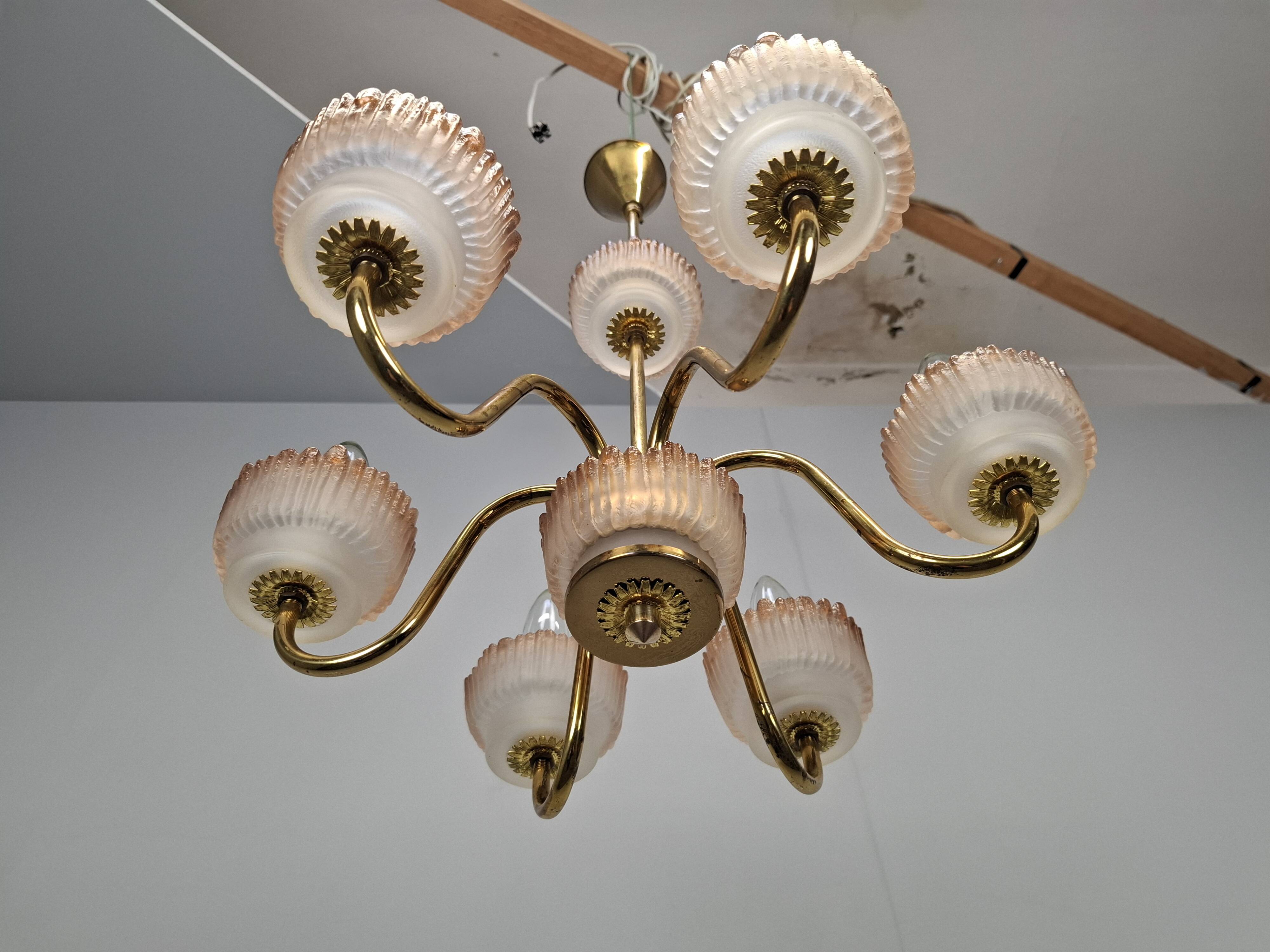 1960s Czech Mid-Century Brass and Železný Brod Frosted Glass Six-Arm Chandelier