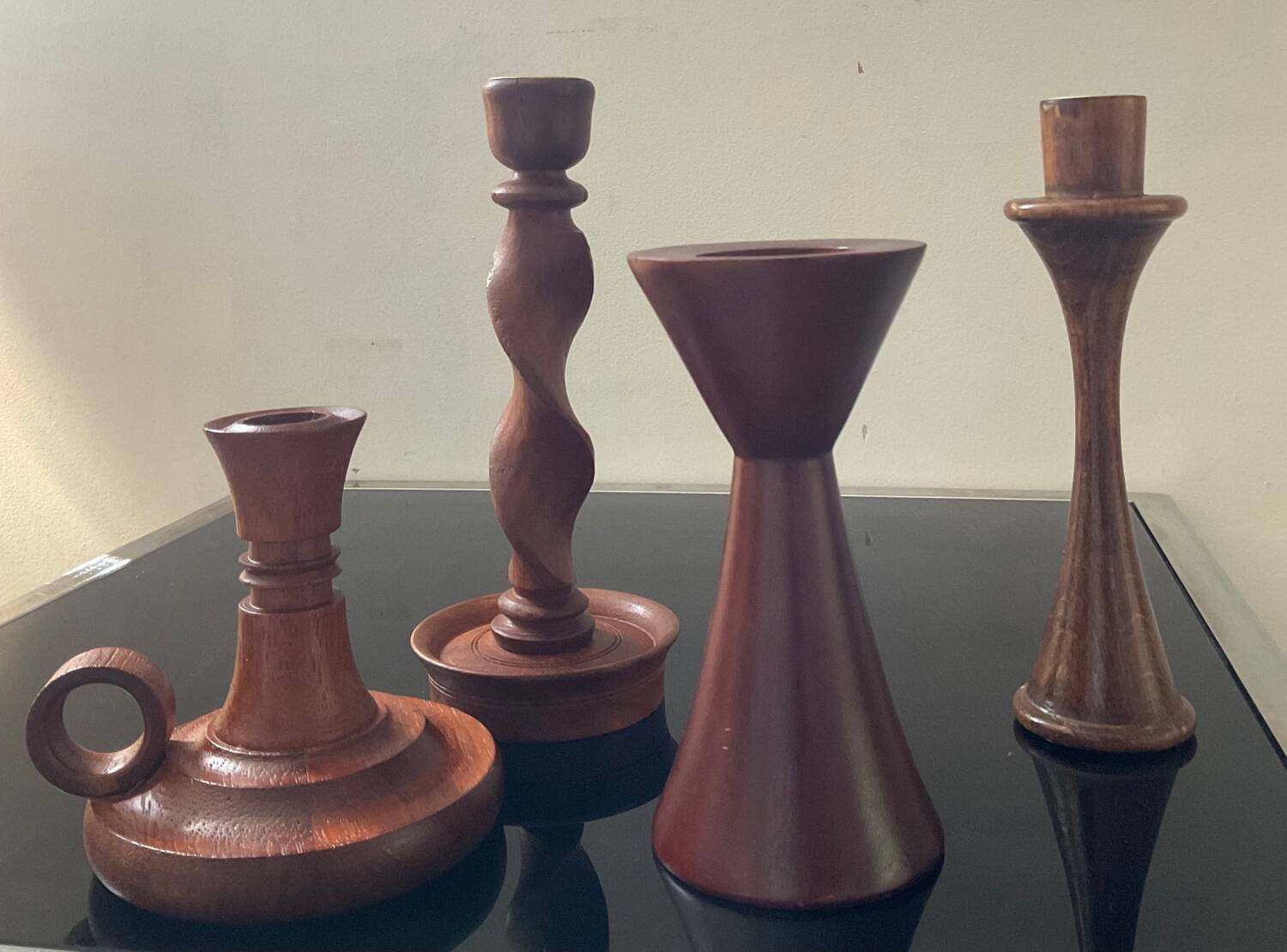 Set of 4 Scandinavian teak candlesticks