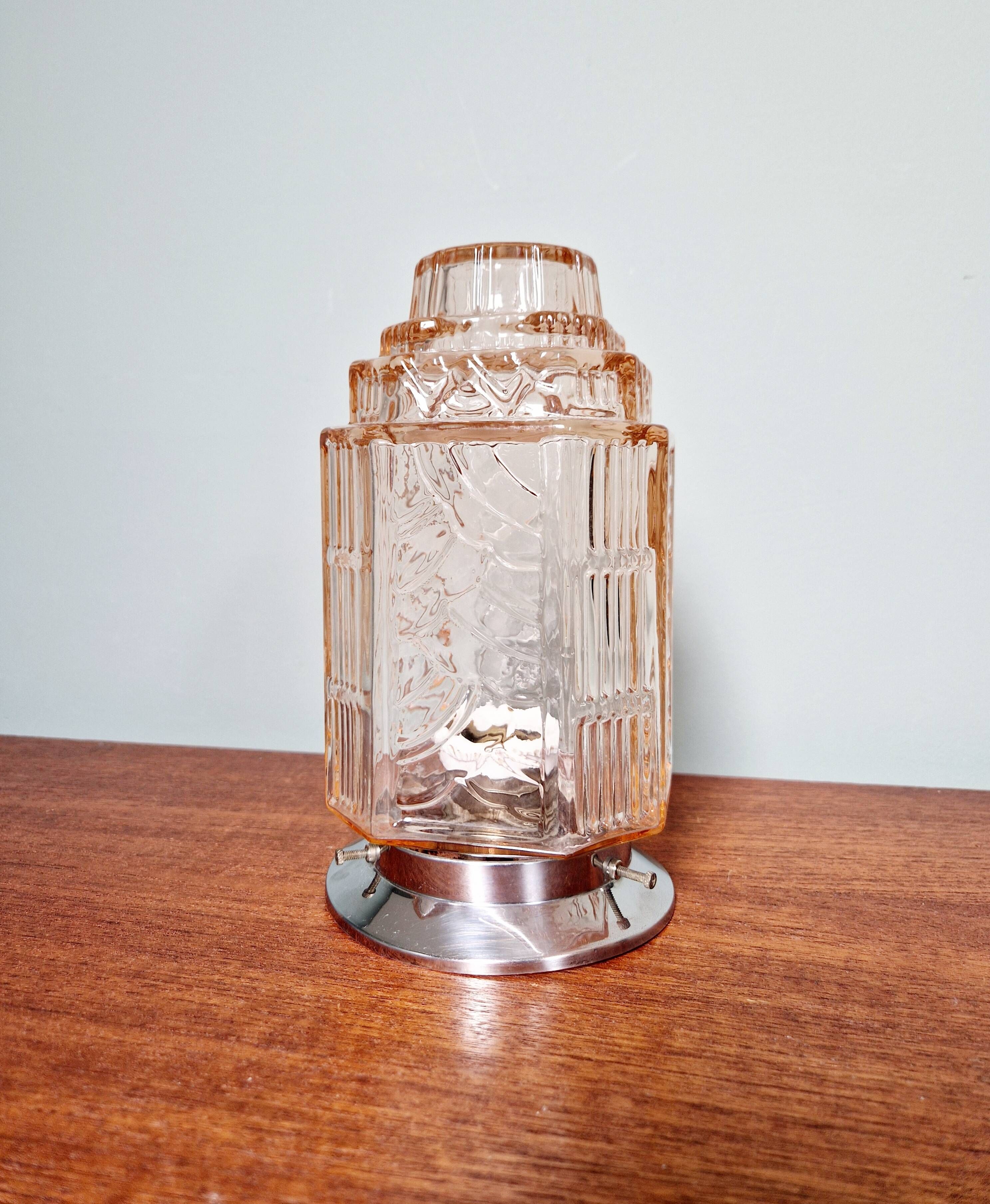 Art Deco Skyscraper Ceiling Light in Clear Pink Glass, 1920s-30s