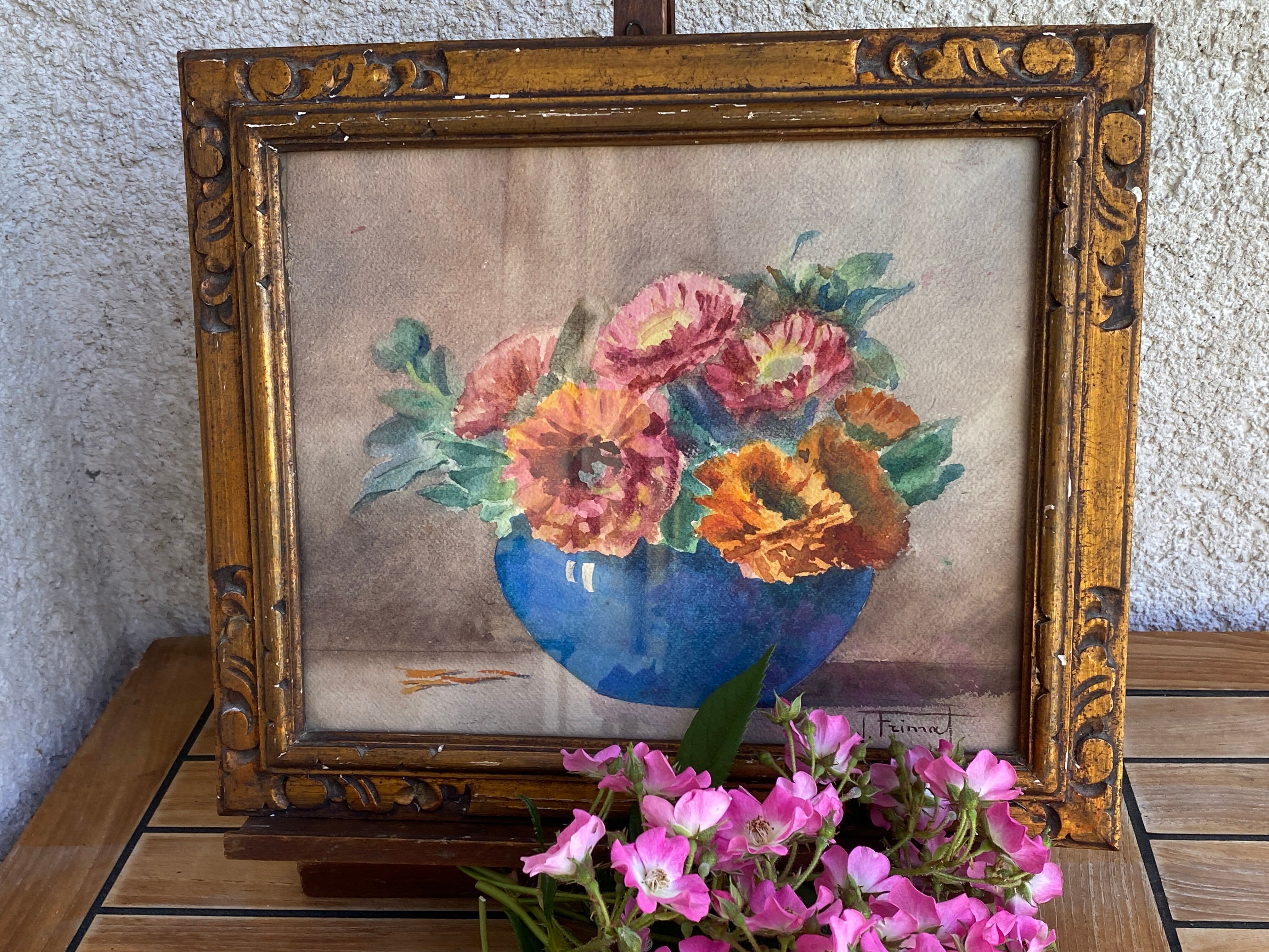 Aquarelle "bouquet de zinias" signée ancienne