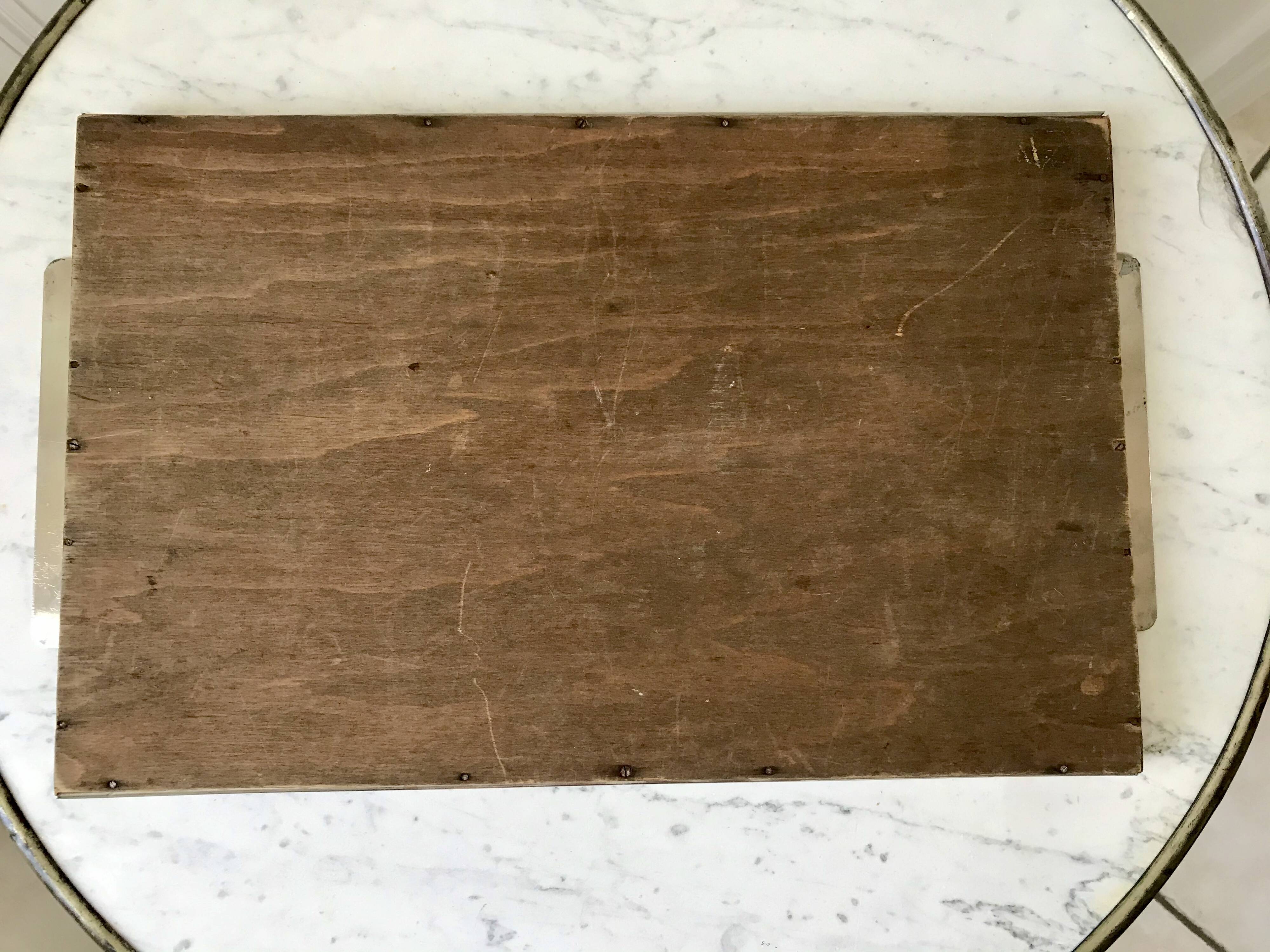 Plateau miroir en chrome, verre, bois et marqueterie années 60-70