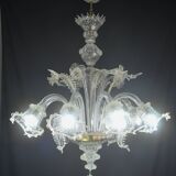 Wonderful large size Venetian chandelier, transparent and gold Murano glass