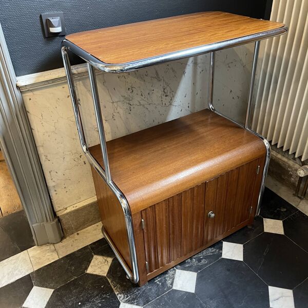Meuble d'appoint moderniste Art Déco Bauhaus en acier chromé tubulaire & bois, ca 1920-30