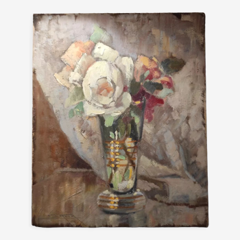 Painting bouquet of flowers years 30 40 signed Pierre Roig oil