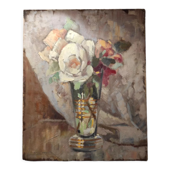 Painting bouquet of flowers years 30 40 signed Pierre Roig oil