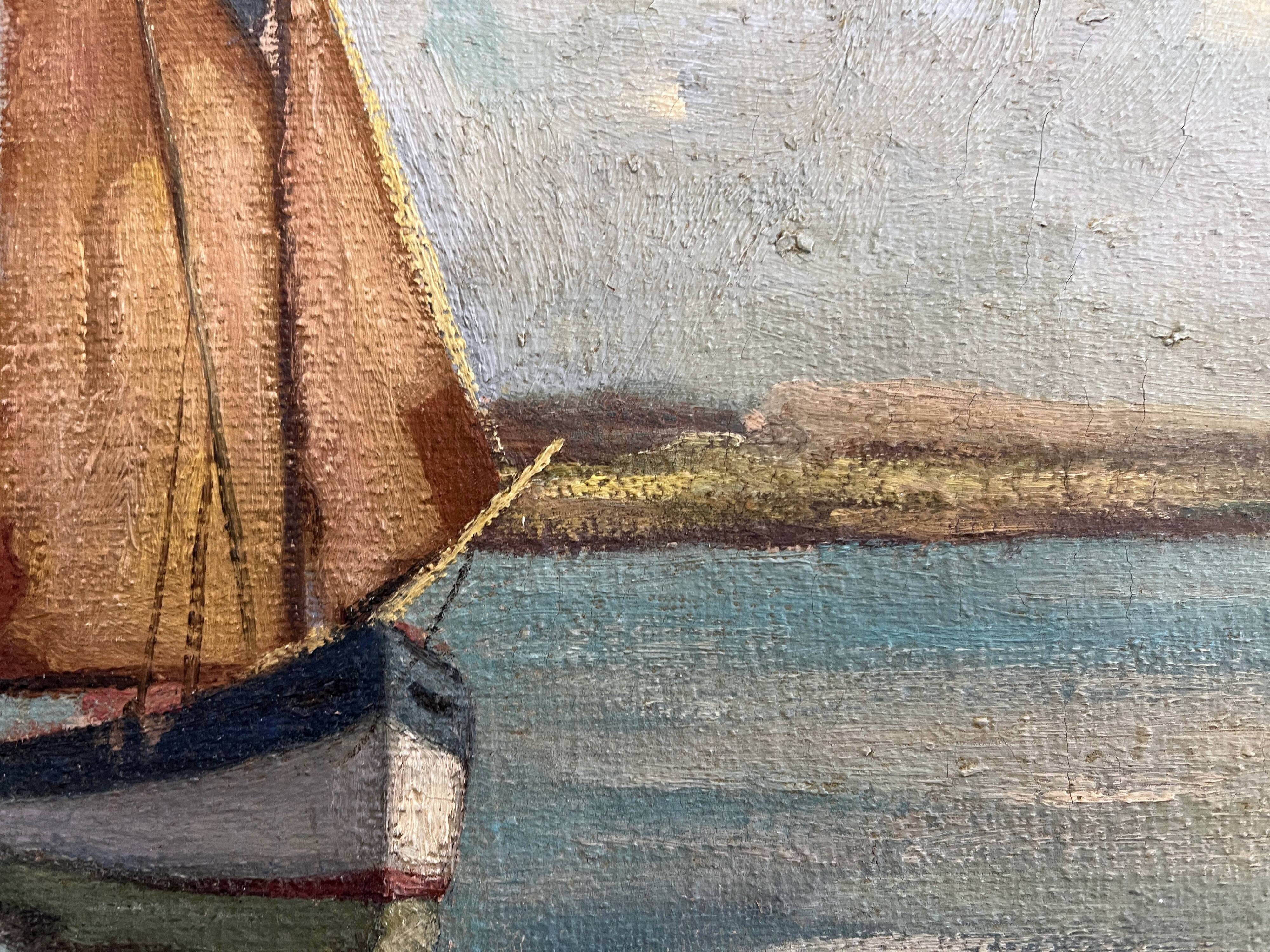 HST Marine painting "Sailboats in port" early 20th century signed