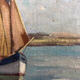 HST Marine painting "Sailboats in port" early 20th century signed