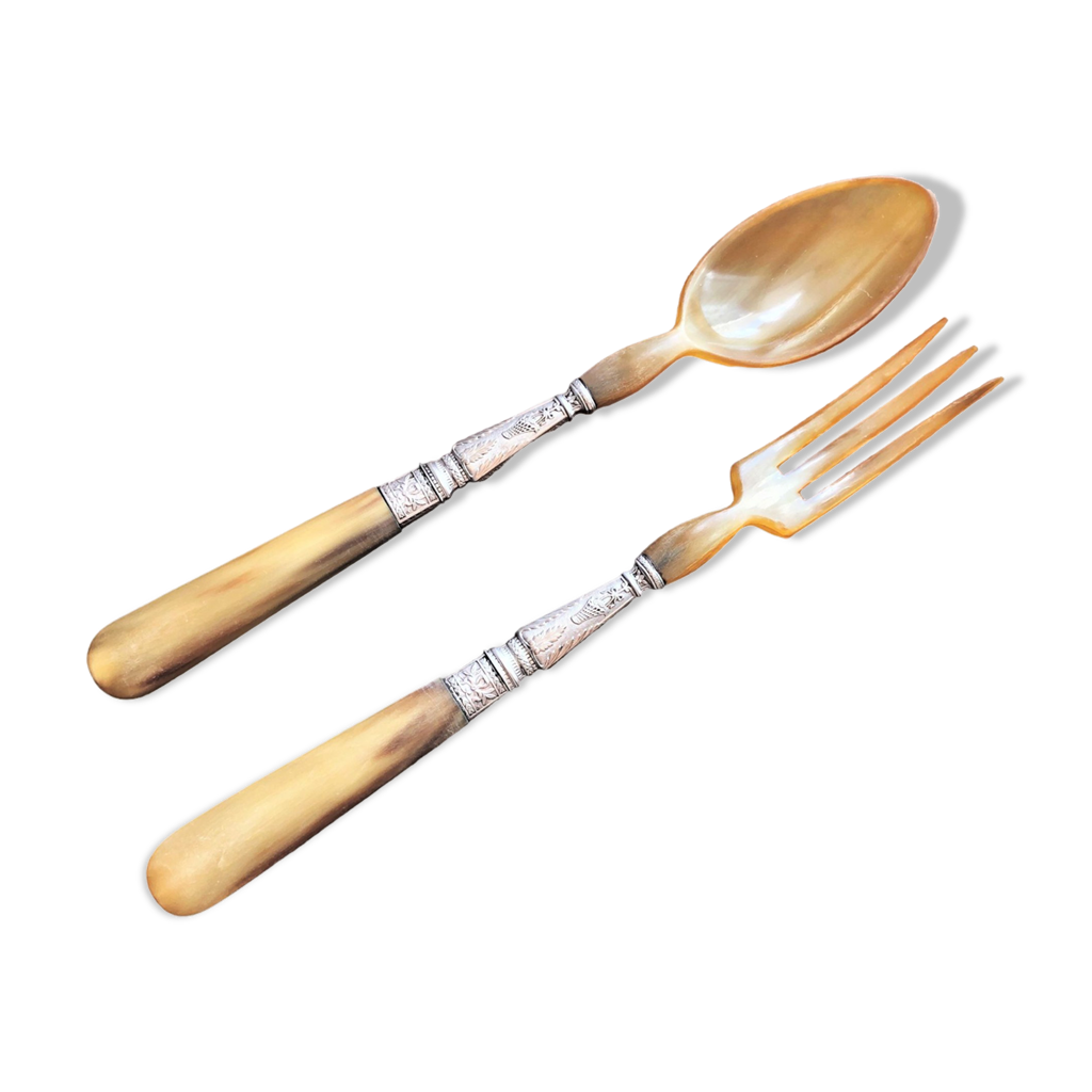 Couverts à Salade Corne Et Métal Argenté – Environ 28 Cm, Bon état Vintage